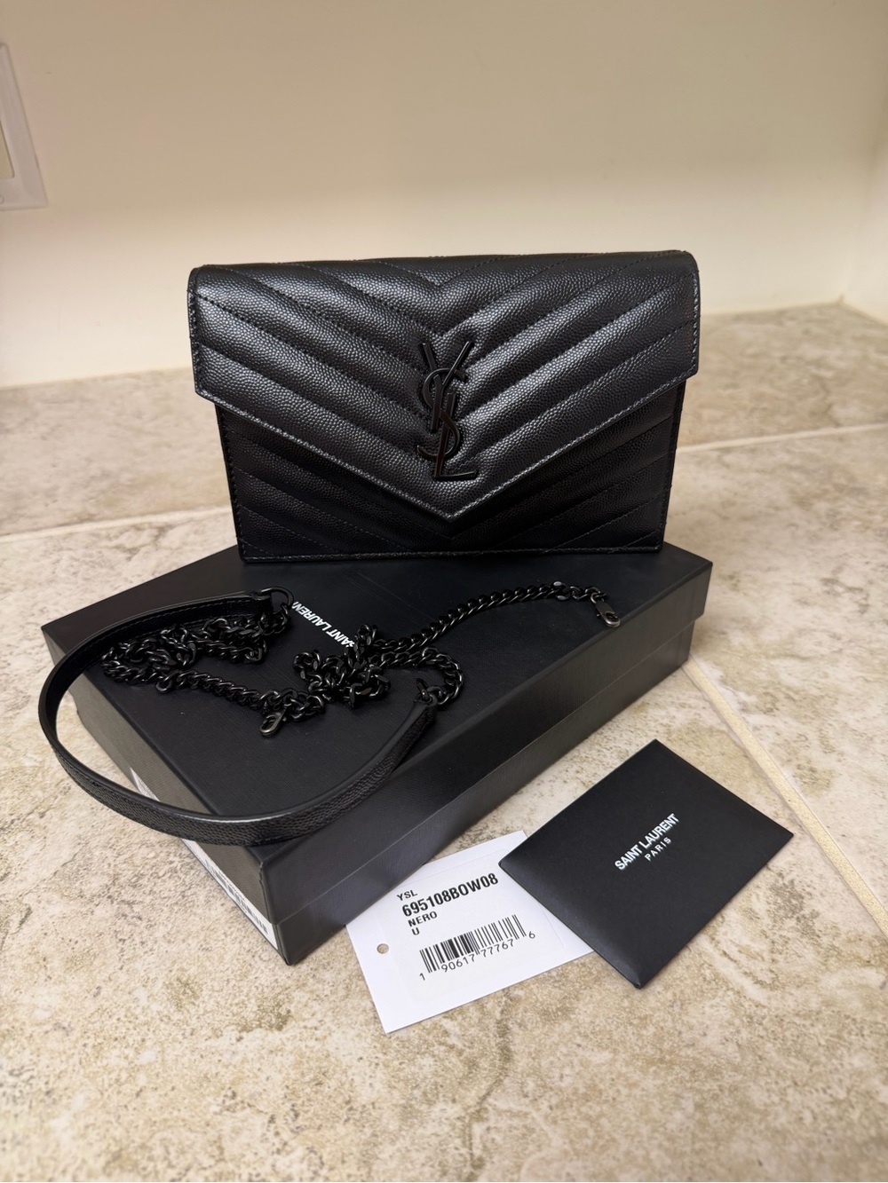 Saint Laurent YSL Black Monogram Chain Wallet Crossbody Bag